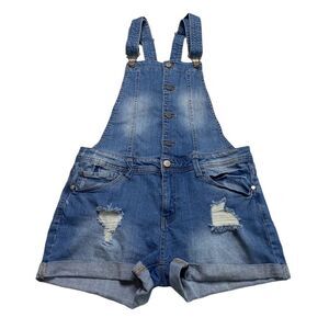 Tinseltown Distressed Button Front Zip Closure Blue Denim Shortalls Overalls XL